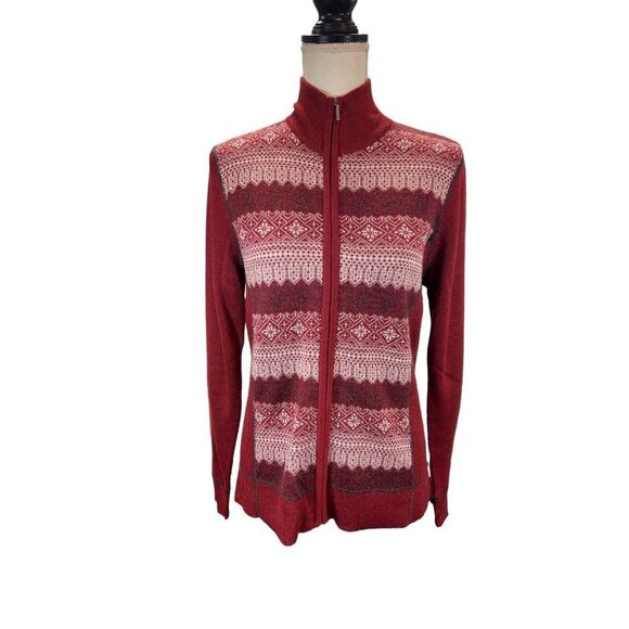 Eddie Bauer Sweater Womens L Red Nordic Fair Isle Zip Up Cardigan Wool Blend - Picture 1 of 7